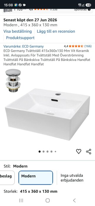 Vit keramisk tvättställ från ECD Germany, märke Modern, storlek 415x360x130 mm, med avloppssats och översvämningsskydd.