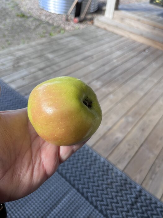 En hand håller ett gult och rött äpple på en veranda med ett trätrallgolv i bakgrunden.