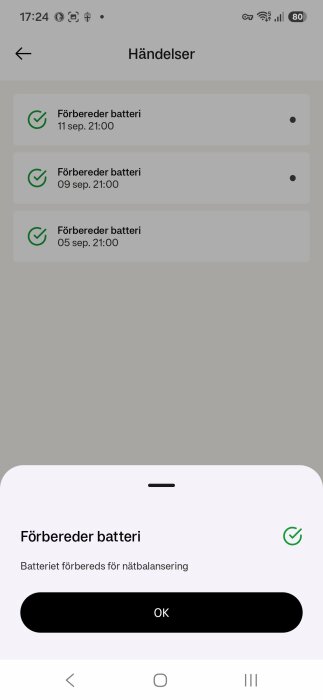 Skärmbild av en mobilapp med rubriken "Händelser" som visar batteriförberedelser för nätbalansering med datum 5, 9 och 11 september.
