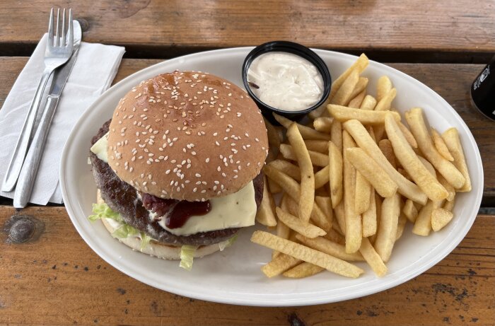 Hamburgertallrik med pommes och sås på en vit tallrik, serverat på ett trädgårdsbord.