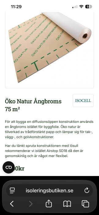 Öko natur ångbroms rulle, används för diffusionöppen konstruktion, tillverkad av trådförstärkt papp för tak-, vägg- och golvkonstruktioner.