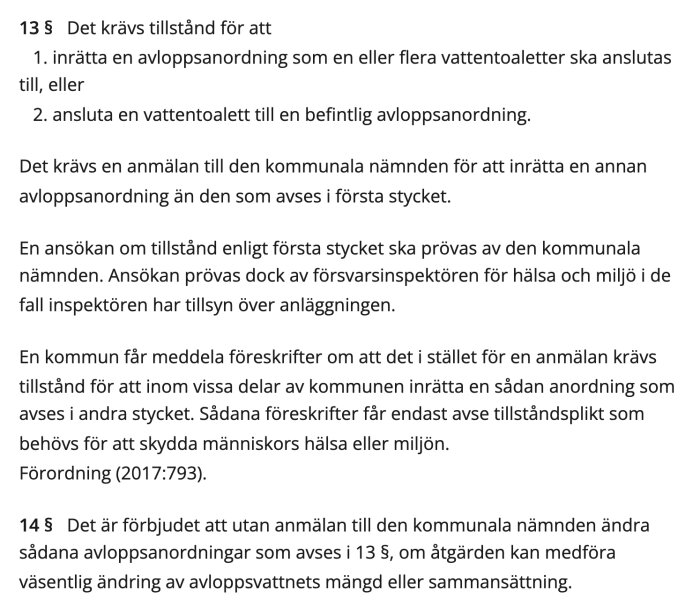 Bild av lagtextutdrag som specificerar krav på tillstånd för installation eller anslutning av avloppsanordningar enligt Förordning 2017:793.