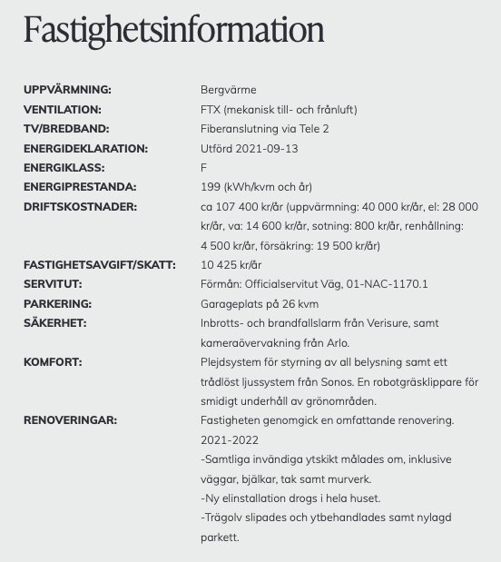 Fastighetsinformation med uppgifter om uppvärmning, ventilation, TV/bredband, energideklaration, driftskostnader, fastighetsavgift, servitut, parkering och renoveringar.