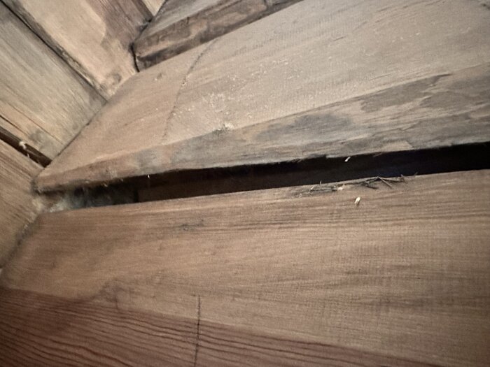 Sprickor och vridning i timmer på nybyggt hus.