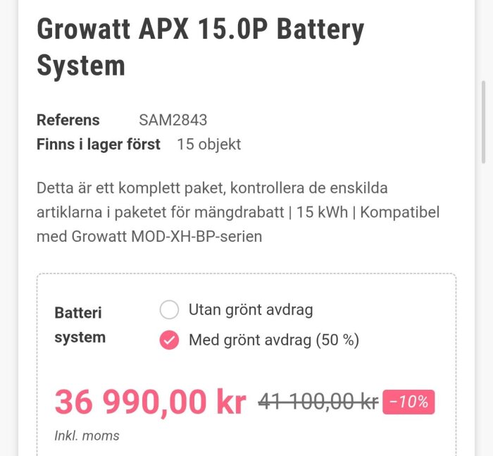 Prisskylt för Growatt APX 15.0P batterisystem med grönt avdrag, pris 36 990,00 kr, rabatt -10%, kompatibel med MOD-XH-BP-serien.