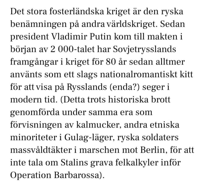 Text som beskriver det stora fosterländska kriget och dess betydelse för Rysslands nutida nationalromantik.