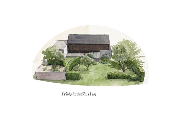 Illustration av trädgårdsförslag med häckar, fruktträd och en större altan vid ett tegelhus. Planteringarna skapar olika "rum" i trädgården.