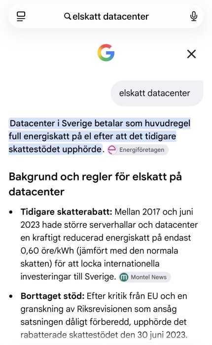 Skärmbild av sökning 'elskatt datacenter' där text beskriver förändringar i energiskatt för svenska datacenter efter tidigare stöd avslutats.