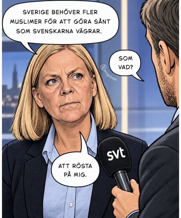 Serietecknad bild av en kvinna med blond page i en intervju med en mikrofon märkt "svt", textbubblor ovanför i konversation.