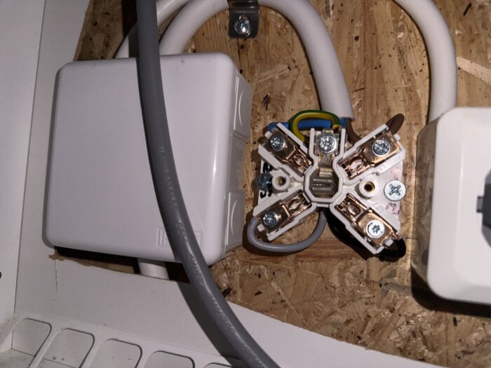 Öppet kopplingsuttag med kablar och skruvar anslutna, monterat på en träpanel i ett kök. Kabeldragning visas i detalj.