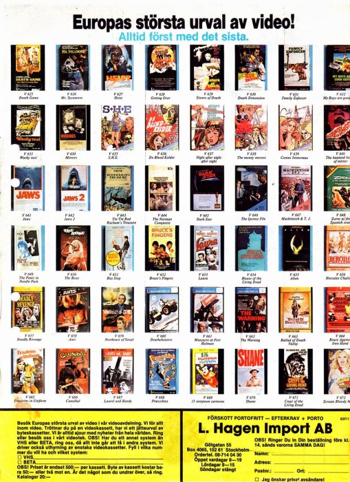 Reklamblad för L. Hagen Import med omslag av olika VHS-filmer ordnade i rader, inklusive Jaws, Bruce's Fingers, och The Ipcress File.