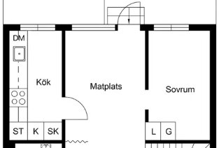 Planlösning av ett suterrängradhus med kök, matplats och sovrum. Sovrummet mäter 220x330 cm med garderob. Diskussion om att öppna upp väggar.