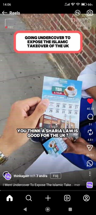 En hand håller ett informationsblad med texten "Tea & Tour", medan text på skärmen lyder "Going undercover to expose the Islamic takeover of the UK".