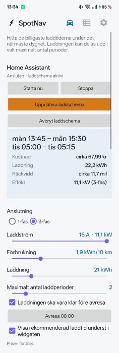 Appen SpotNav visar laddschema och kostnader för laddning i Home Assistant, inklusive laddperioder och inställningar för elbilsanpassning.