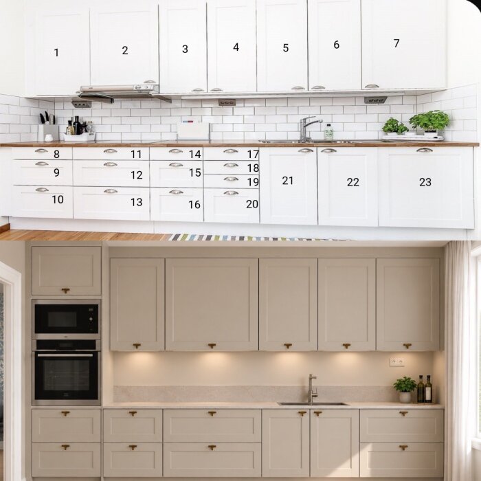 Före- och efterbilder av kök där det ursprungliga köket har vita skåp och träbänkskiva. Det renoverade köket har beige skåp och ljus stenbänkskiva.
