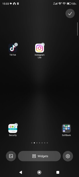 Hemskärmsvy på en mobiltelefon med appar som TikTok och Instagram Lite samt alternativ för att lägga till widgetar.