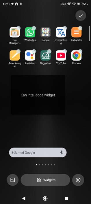 Mobilskärm med appar och ett felmeddelande som säger "Kan inte ladda widget".