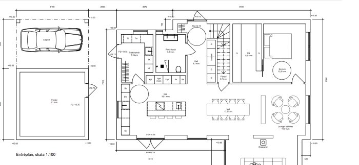 Planlösning för ett entréplan med detaljer om rum, trappa, och parkering. Toalett storlek anges som modifierad.