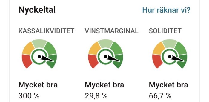 Nyckeltal för företag visar kassalikviditet 300%, vinstmarginal 29,8% och soliditet 66,7%, alla med bedömningen "Mycket bra".