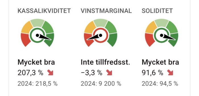 Kassalikviditet 207,3%, vinstmarginal -3,3%, soliditet 91,6%. Kassalikviditet och soliditet anses ”mycket bra”; vinstmarginal ”inte tillfredsställande”.