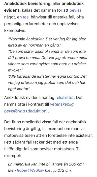 Textstycke om anekdotisk bevisföring med exempel på hur den används i diskussioner.