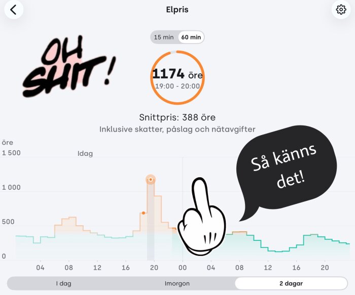 Graf över elpris som når 1174 öre mellan 19:00-20:00 med text "Oh shit!" och "Så känns det!" med en illustrerad hand.