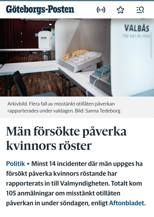 Valbås och röstsedlar i en tidningsartikel om misstänkt otillåten påverkan under valet, publicerad i Göteborgs-Posten.