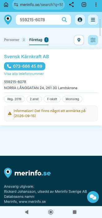 Bild av en sökning på merinfo.se som visar företaget Svensk Kärnkraft AB med telefonnummer och adress samt en anmärkning om ekonomisk information.
