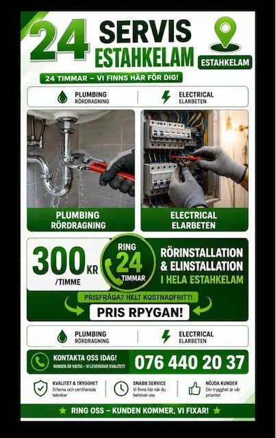 Annons för 24-timmar VVS- och elservice med kontaktinformation och bild av rörmokare och elektriker i arbete, texten innehåller stavfel.