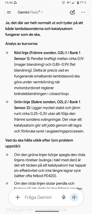 Analys av lambdasondernas kurvor i bilmotorsystem, visar normal funktion för både främre och bakre sonder och katalysator.