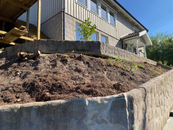 Betongmur vid ett hus med jord och buskar ovanpå, del av muren hänger fritt i luften, problem med grundstabilitet.