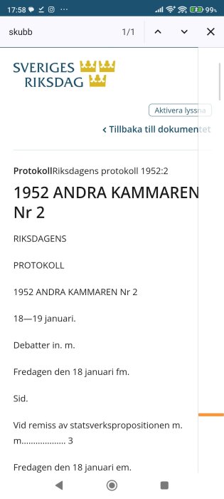 Skärmbild av ett dokument från Sveriges riksdag, protokoll för 1952 Andra kammaren Nr 2 daterat 18-19 januari.
