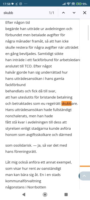 Skärmbild av text där en person beskriver att han uteslutits från ett fackförbund och kallats "skubbare" för bristande betalning.