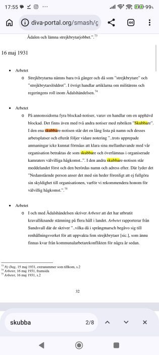 Bilden visar en text från ett dokument om Ådalshändelsen 1931, med fokus på strejkbrytare och notiser om skubbare.