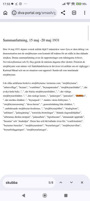 Artikelutdrag från diva-portal om händelser 1931, strejkbrytare och media; inkluderar termer och beskrivningar.