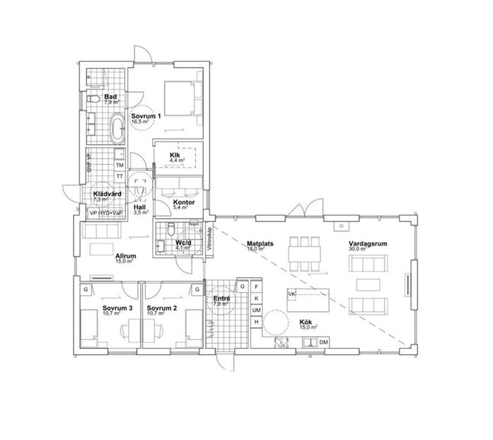 Planritning av ett hus: vardagsrum, matplats, kök, tre sovrum, allrum, kontor, klädkammare, badrum, och wc. Entré och hall centralt placerade.