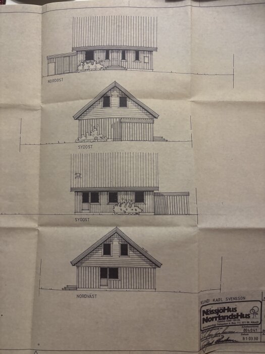 Fasadritningar av ett hus från olika riktningar (nordost, sydost, sydost, nordväst), märkt NässjöHus, kund Karl Svensson, datumstämplad 1981.