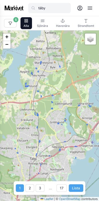 Karta över Täby, Sverige, med markerade tomter visad på webbplatsen Markivet.