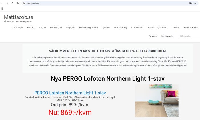 Webbsida för MattJacob.se som visar erbjudande på Pergo-golv Lofoten Northern Light 1-stav med pris 869 kr/kvm och bild på ett vardagsrum med soffor.