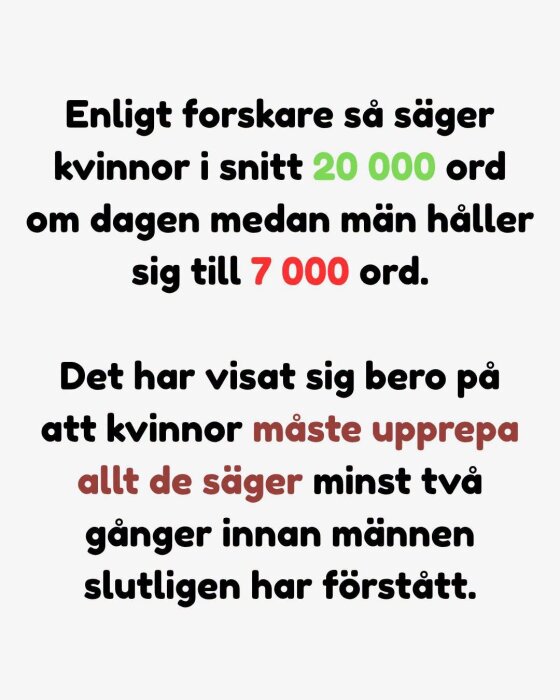 Text om att kvinnor säger fler ord än män och kan behöva upprepa sig för män.