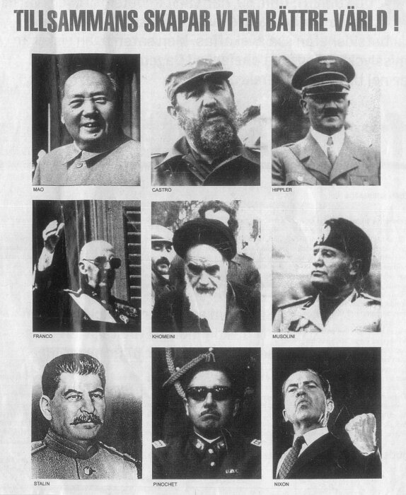 Svartvit tidningsbild med porträtt av nio politiska ledare, inklusive Mao, Castro, Hitler, Franco, Khomeini, Mussolini, Stalin, Pinochet och Nixon.
