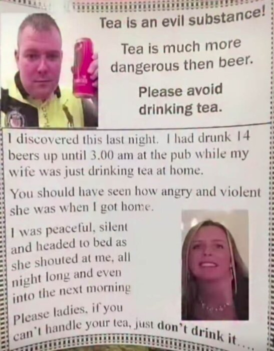En man håller en ölburk bredvid en text med rubriken "Tea is an evil substance!" och en kvinna visas leende på en separat bild.