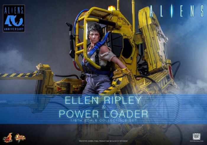 Actionfigur av Ellen Ripley i en Power Loader från Aliens-filmen visas med smogig bakgrund, som en del av en samlarserie.