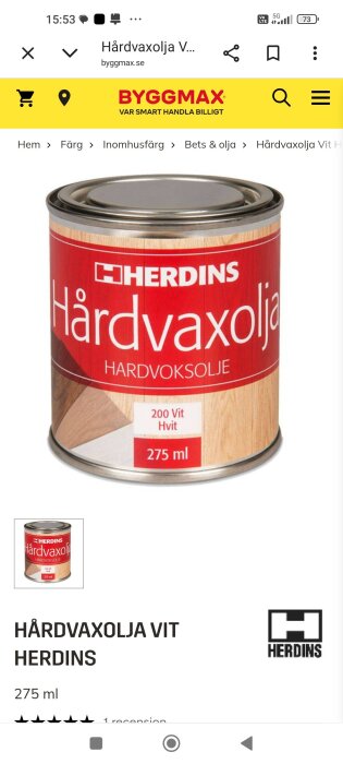 Burk med Herdins hårdvaxolja, röd etikett, 200 vit, innehåll 275 ml.