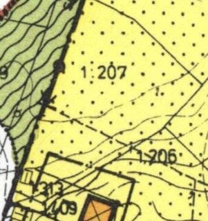 Karta med fastighetsnumret 1:207 markerat, visar tomtgränser och landskapsdetaljer, med färger och linjer för olika områden.