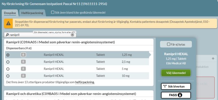 Receptskrivningsprogram för läkemedlet Ramipril med angivna doser och informationsfält, inklusive val av doseringsalternativ och läkemedelssökning.