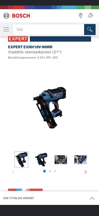Bosch sladdlös stomspikpistol EXNH18V-90MR, visas med varumärkeslogotyp och produktinformation.