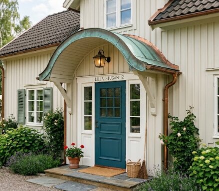Entré till ett charmigt hus med blå dörr och grönmålat välvt tak ovanför. Omringat av grönska och blommor. Skylten ovan dörren lyder "Lilla Stugan 12".