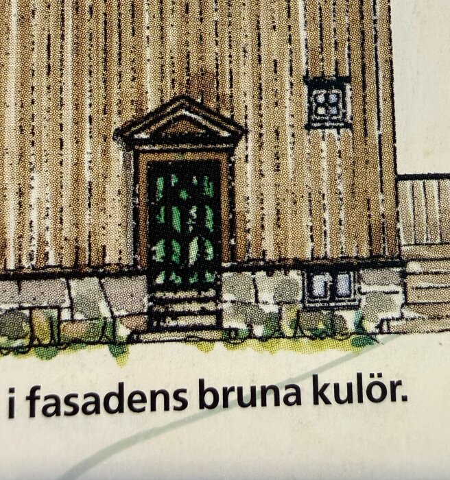 Entrétak från 1910-talet i brunt trä, ovanför en grön dörr med detaljerad fasad, stenmönstrad bas och texten "i fasadens bruna kulör" synlig.