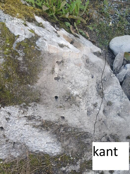 Bild av en klippa med borrhål och en markerad spricka, används för bergsprängning. Text "kant" visar var stenen kan lossna.